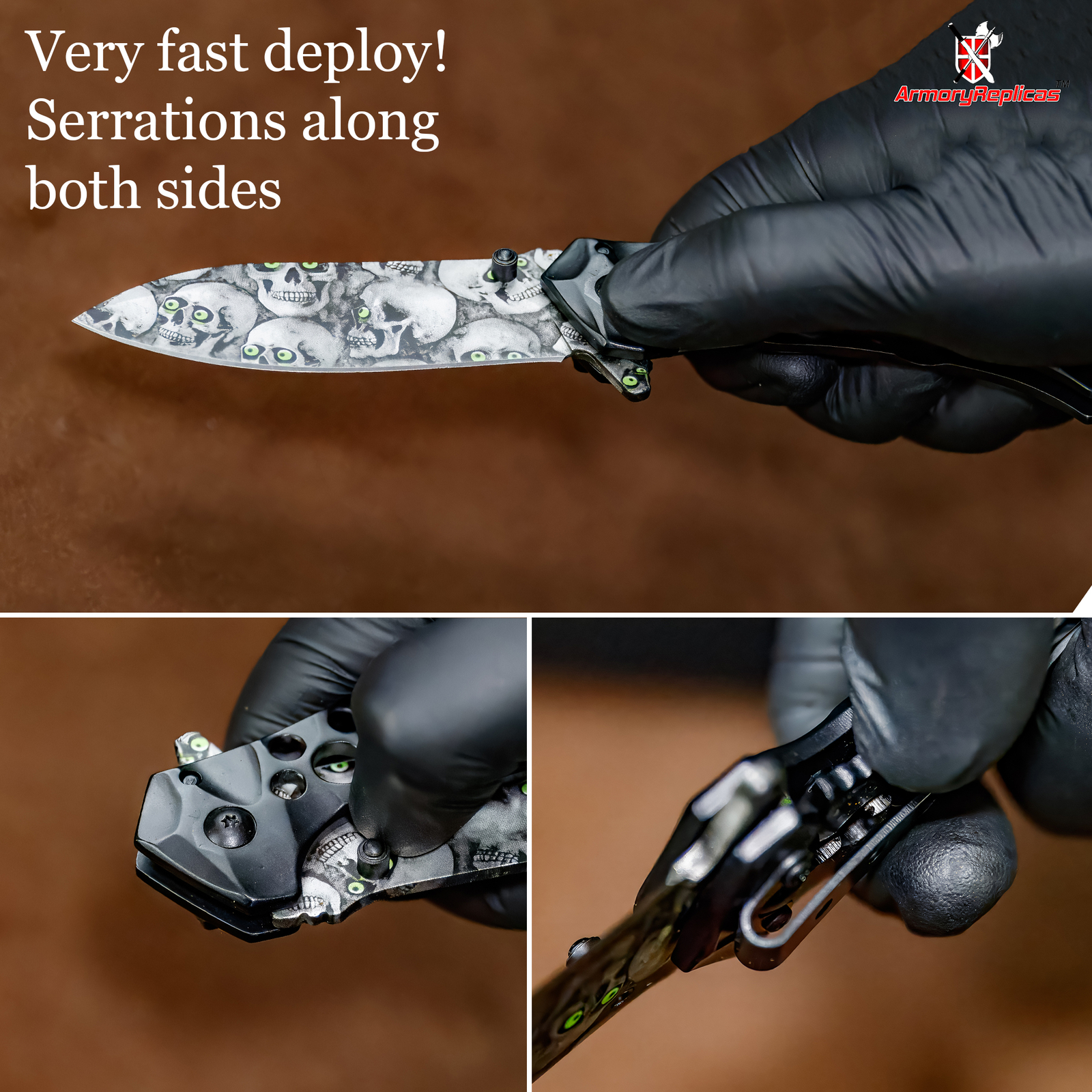 8.25″ Skull Manual Force Stainless Steel Spring Assist Folding Knife,Black Blade