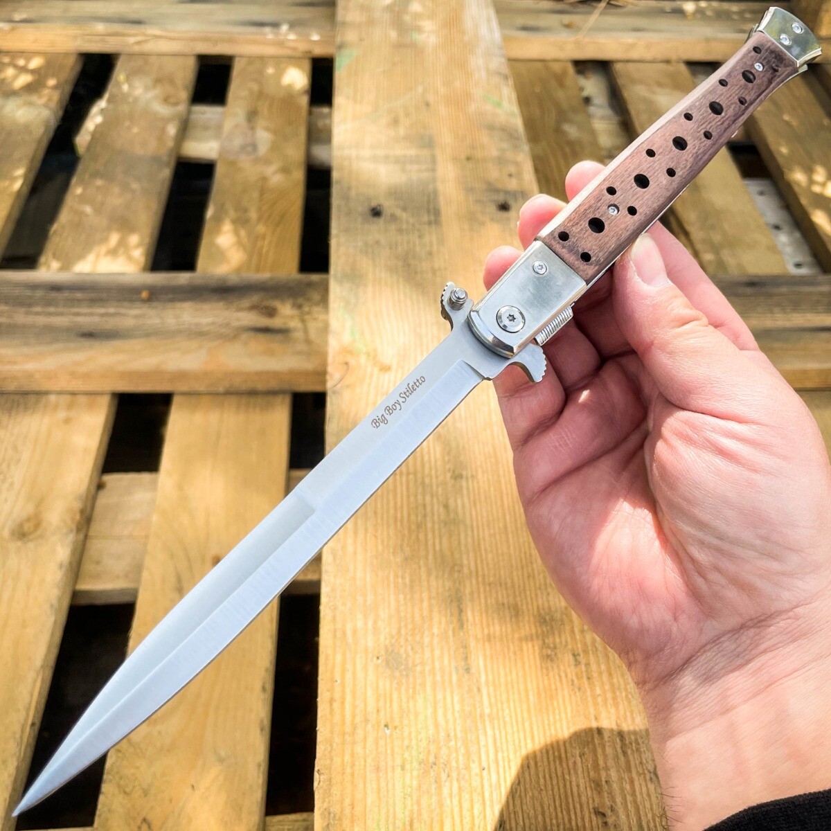 13″ Classic Extra Large Brown Wood Spring Assisted Open STILETTO Pocket Knife