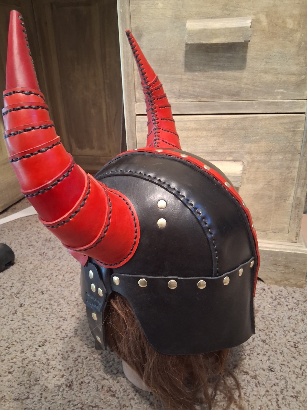 Black Leather Viking Helmet With Horns