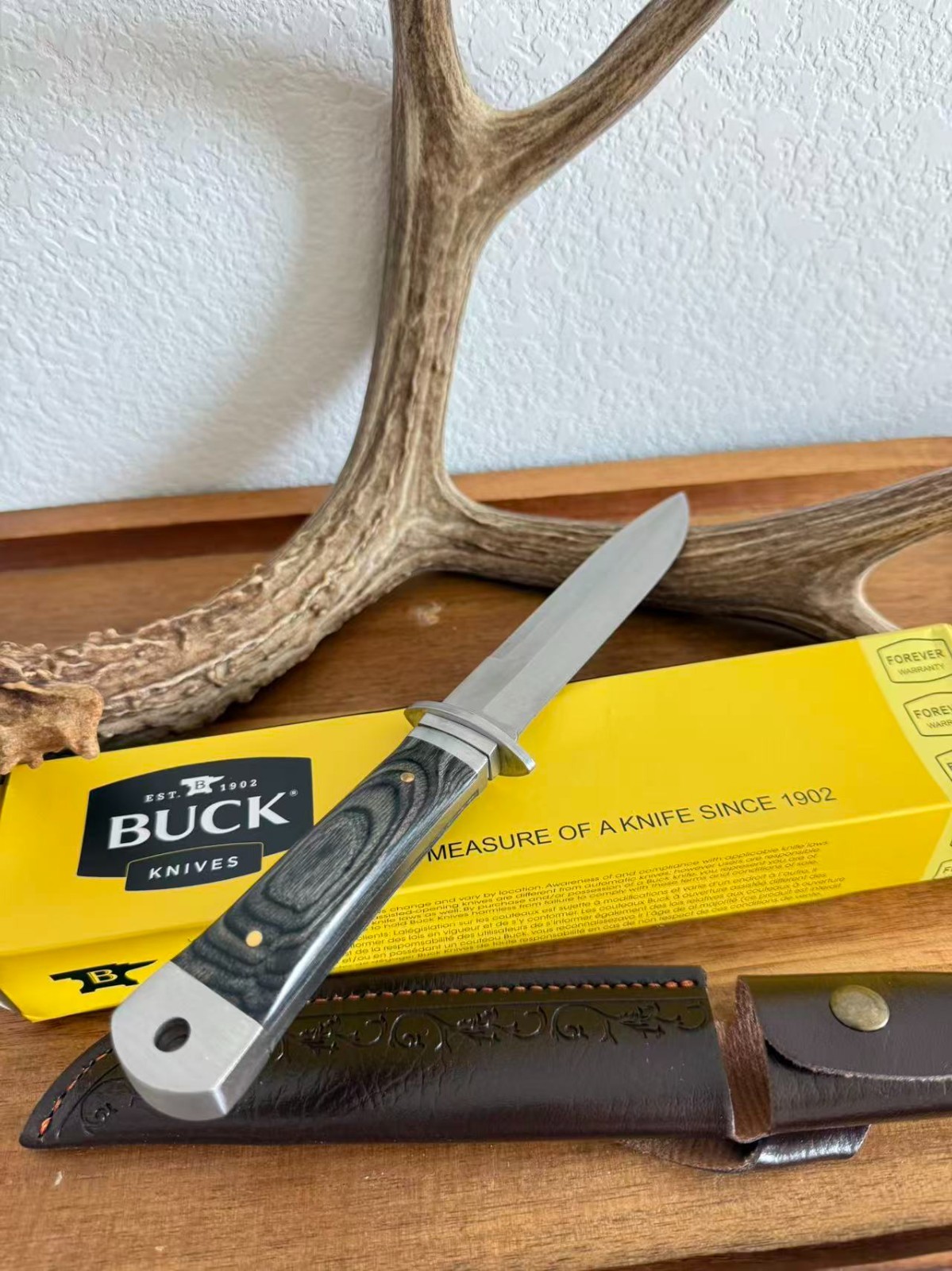 Buck Fixed Blade Hunting Knife Black Wood Handle Leather Sheath New Box