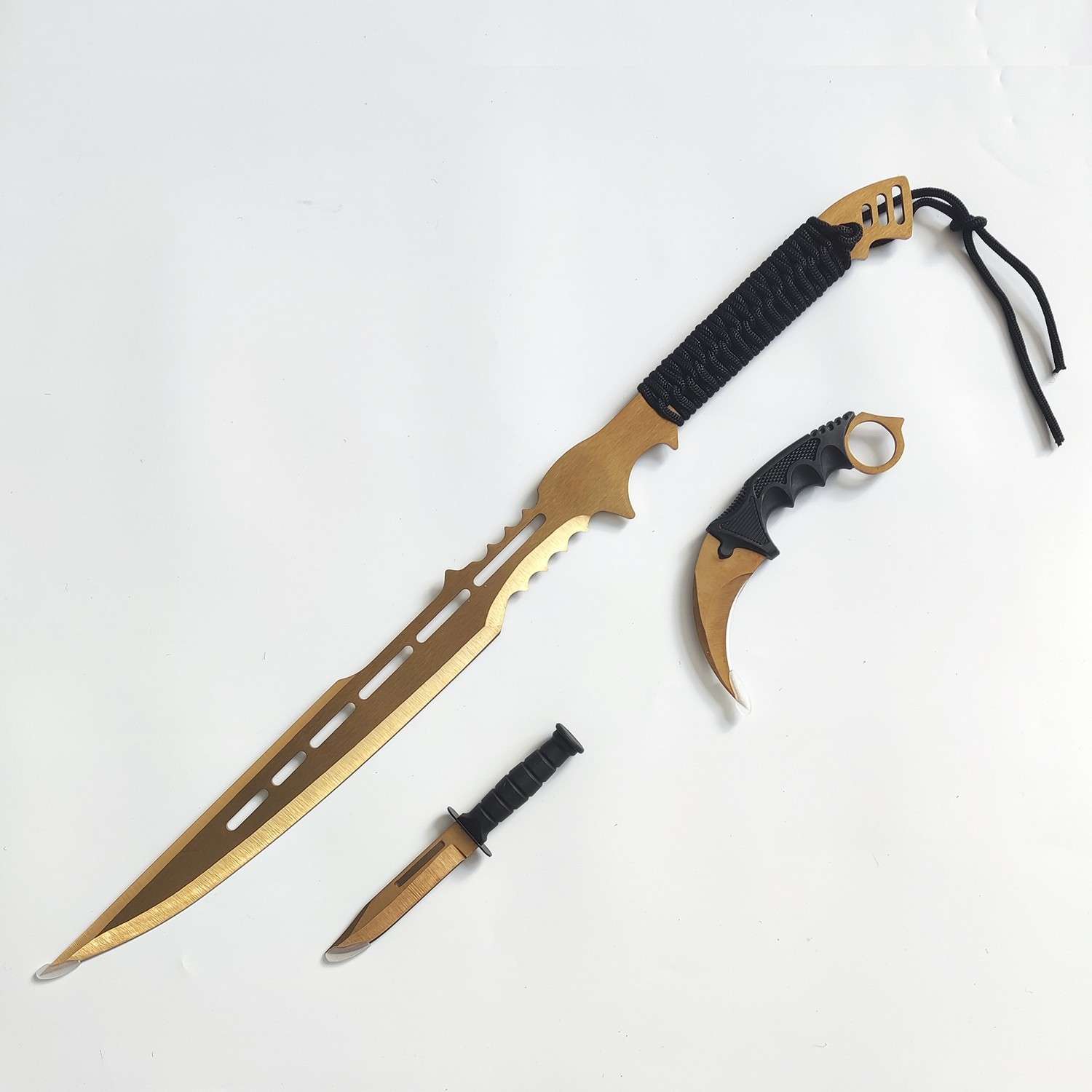 Stainless Steel Gold Color Martial Arts Sword And Knife, Comes With 2 Knives