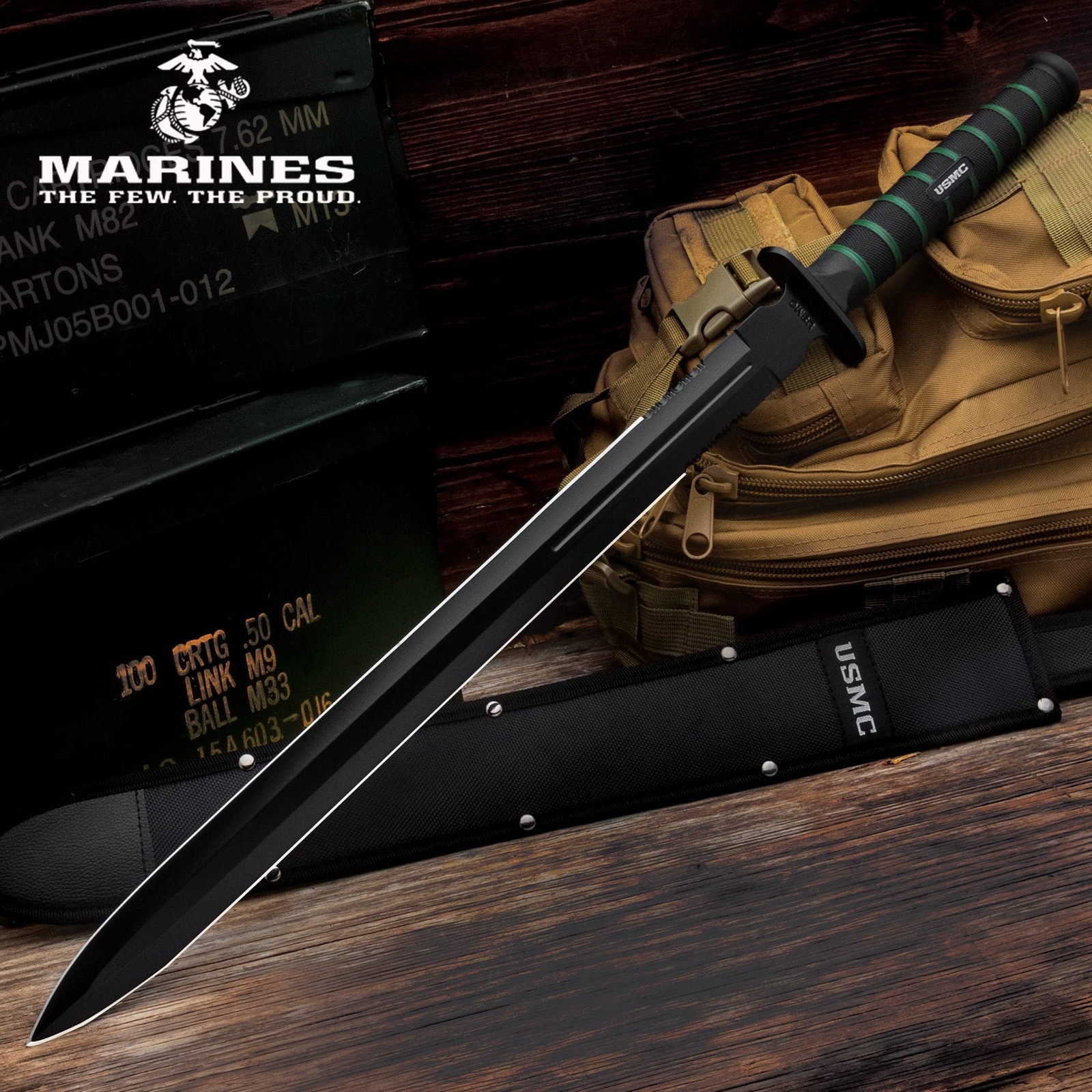USMC Blackout Combat Double-Edged Sword with Nylon Sheath, Officially Licensed