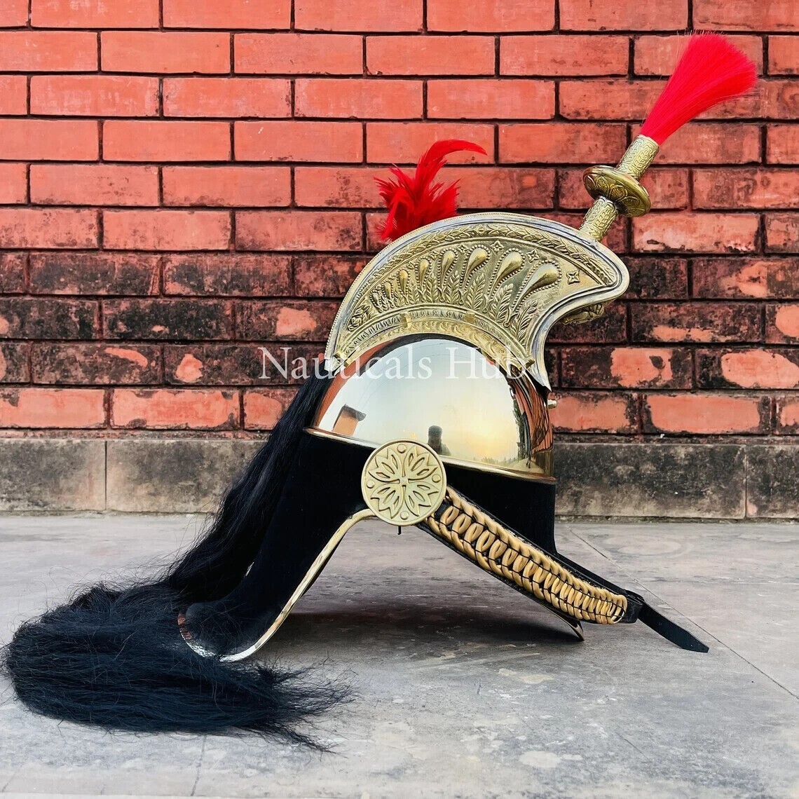 Pickelhaube Napoleon Helmet With Long Black Golden,Black Brass French Cuirassi