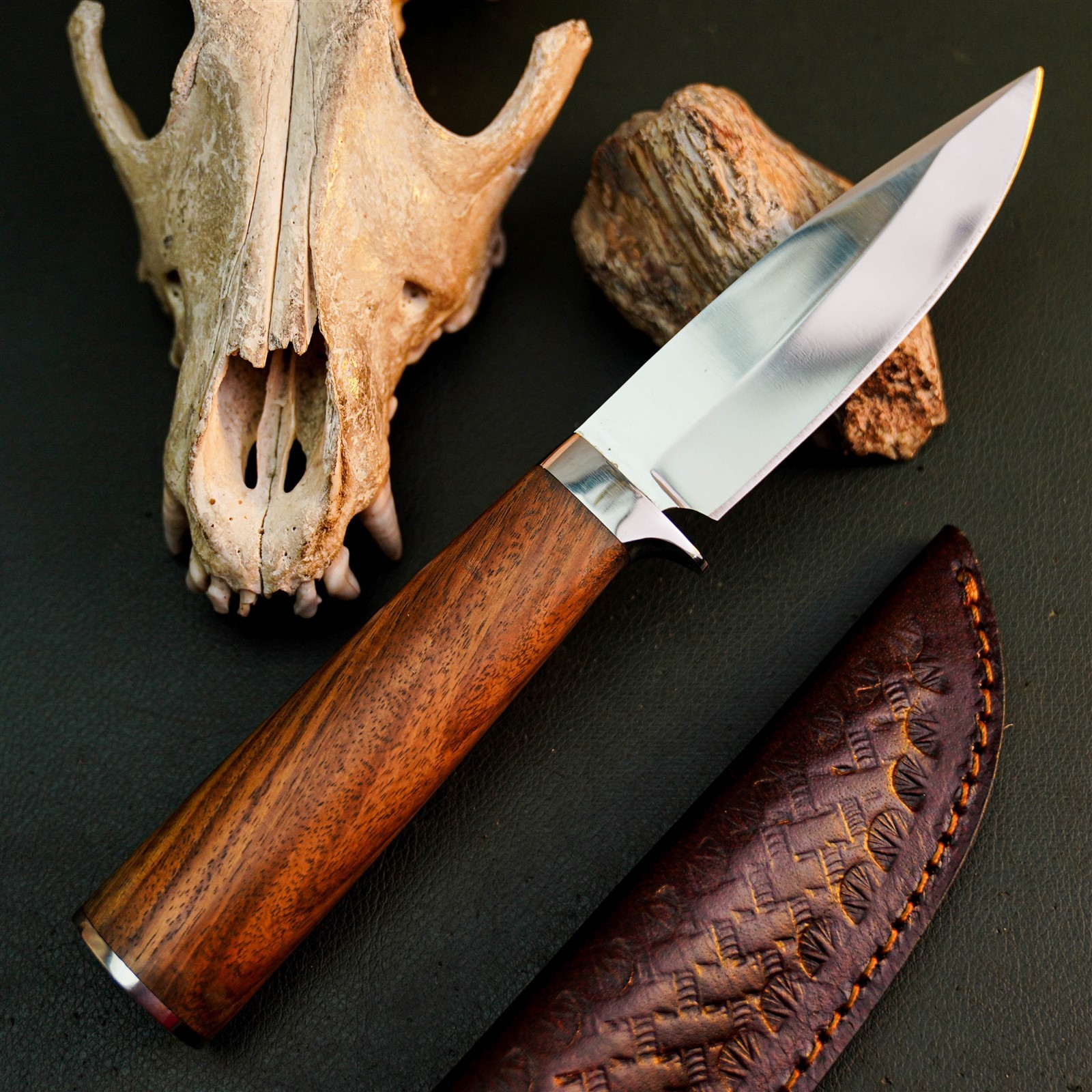 8.9″ Stainless Tactical Knife Half Tang Wood Handle Fixed Blade + Sheath