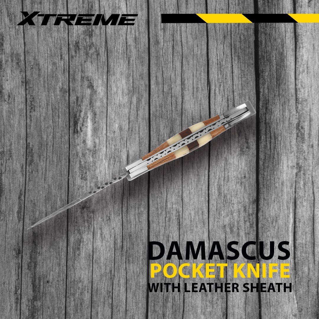 Custom Handmade Damascus Steel Pocket Knife Folding Blade With Leather Sheath
