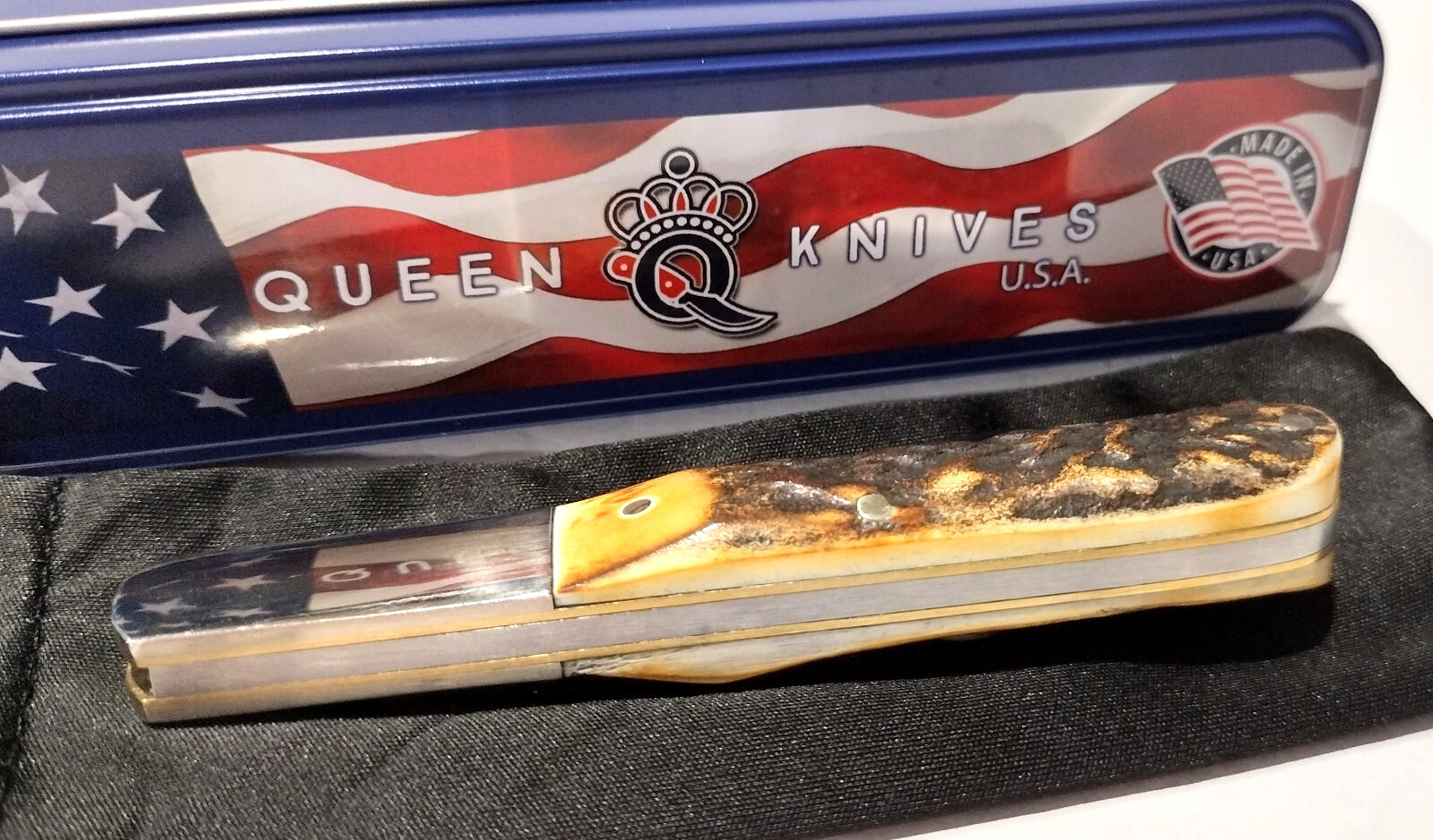 Queen USA 4″ Brown Burnt Stag Bone Barlow Slipjoint Folding Pocket Knife QGSH180