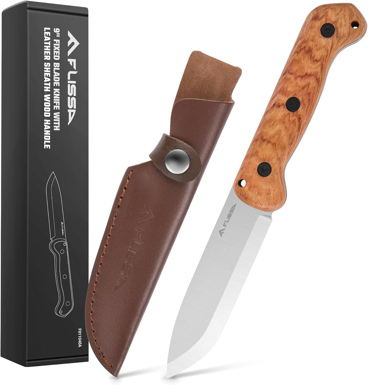 FLISSA 9″ Fixed Blade Knife, D2 Steel Leather Sheath Included Drop Point NEW