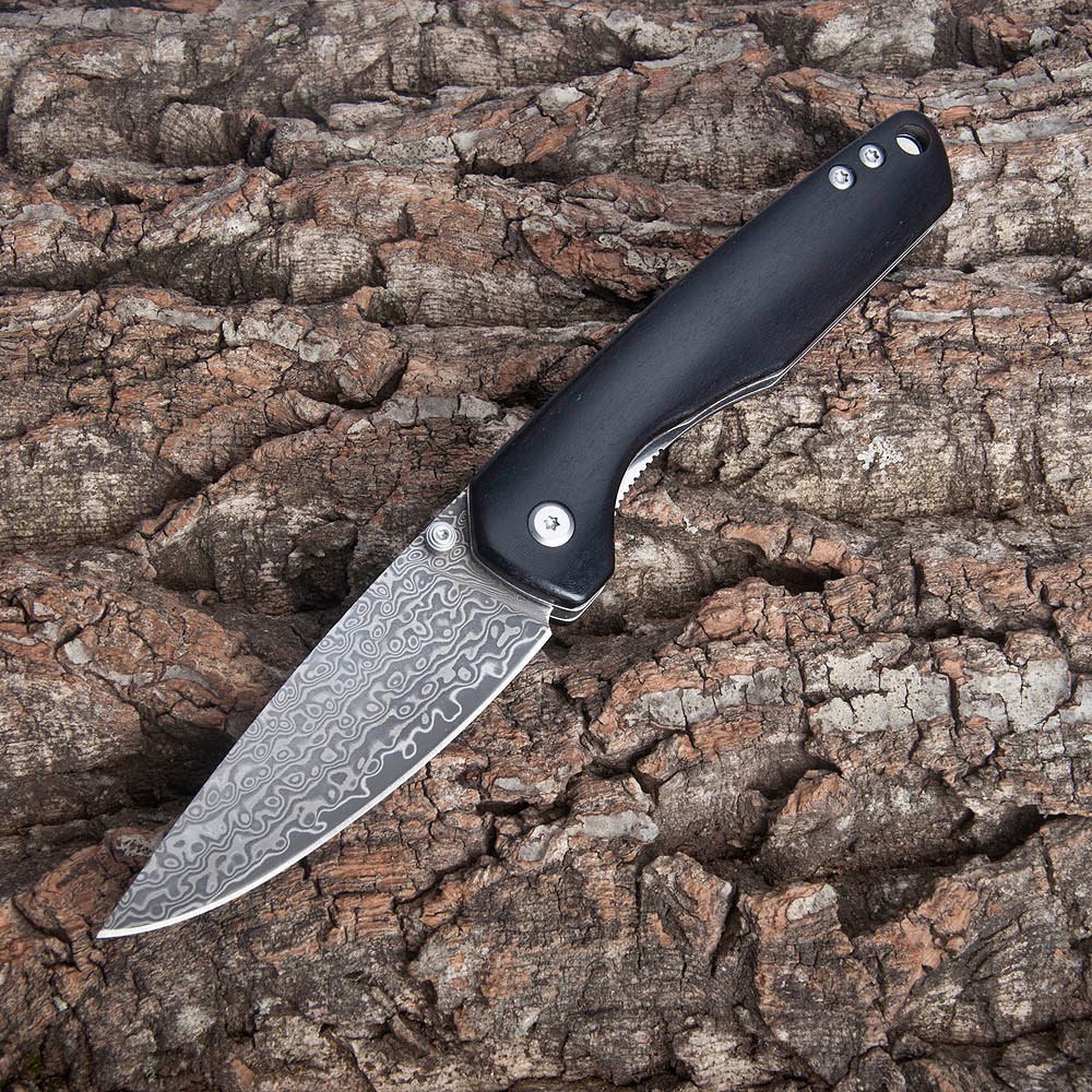 Folding Knife, Damascus Steel Blade, Wooden Handle, Camping Outdoor Pocket Knife