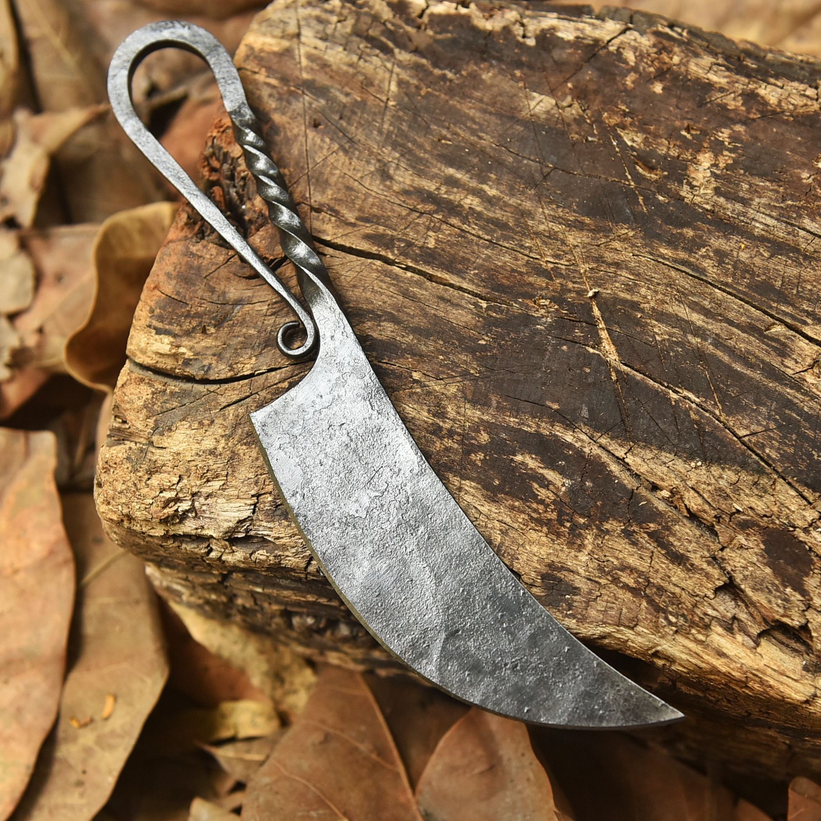 Hand Forged Rustic Camping Knife Curved Blade Decorative Twisted Handle