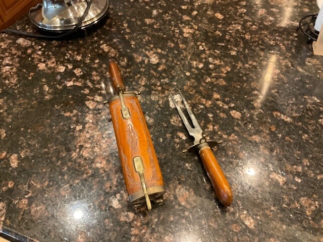 Vtg Decorative Knife & Fork Set In Wooden Hand Carved & Brass Casing India
