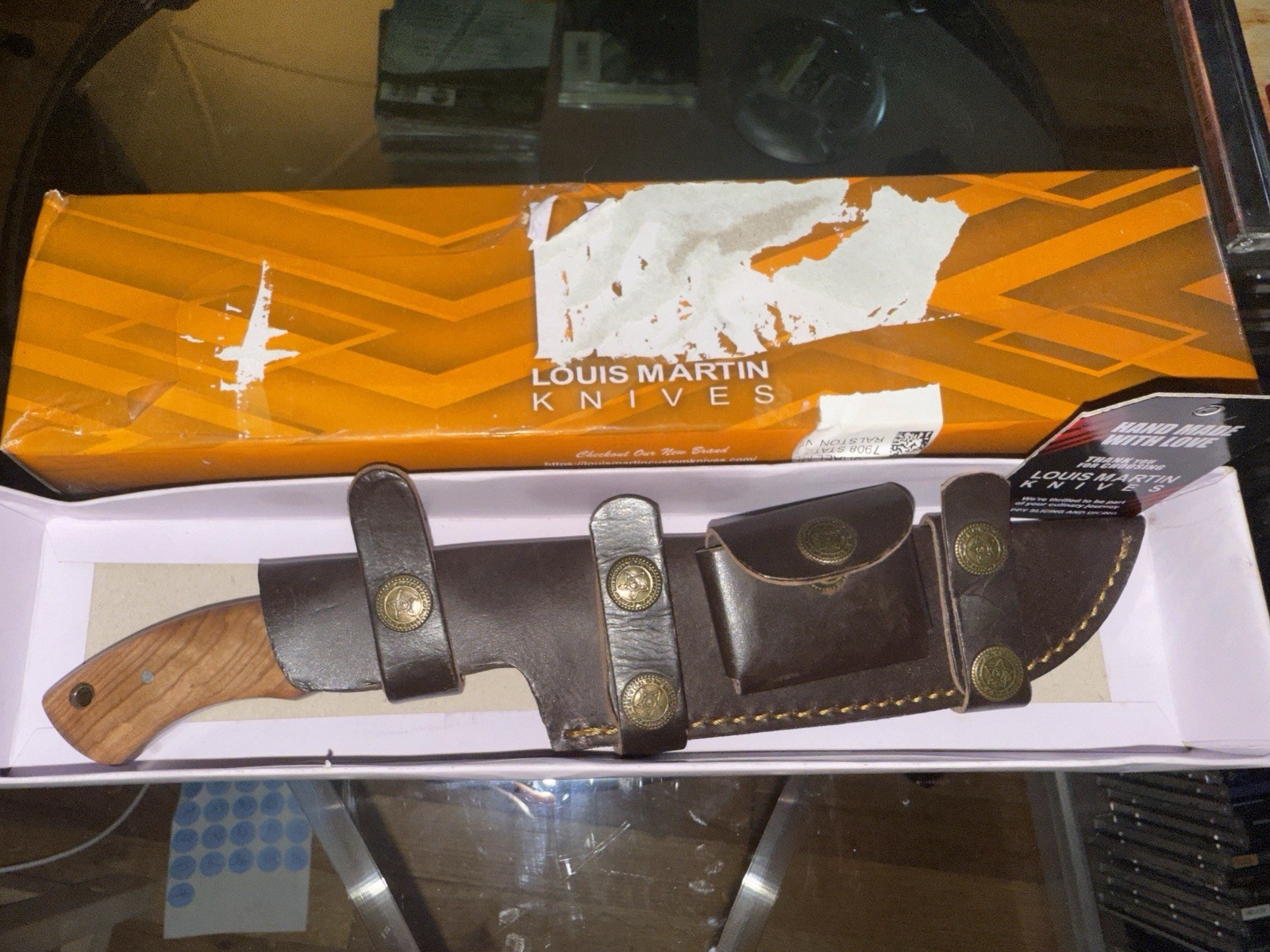 Louis Martin Knives Damascus Fixed Blade Hunting Knife 4.1-5in Wood Sheath