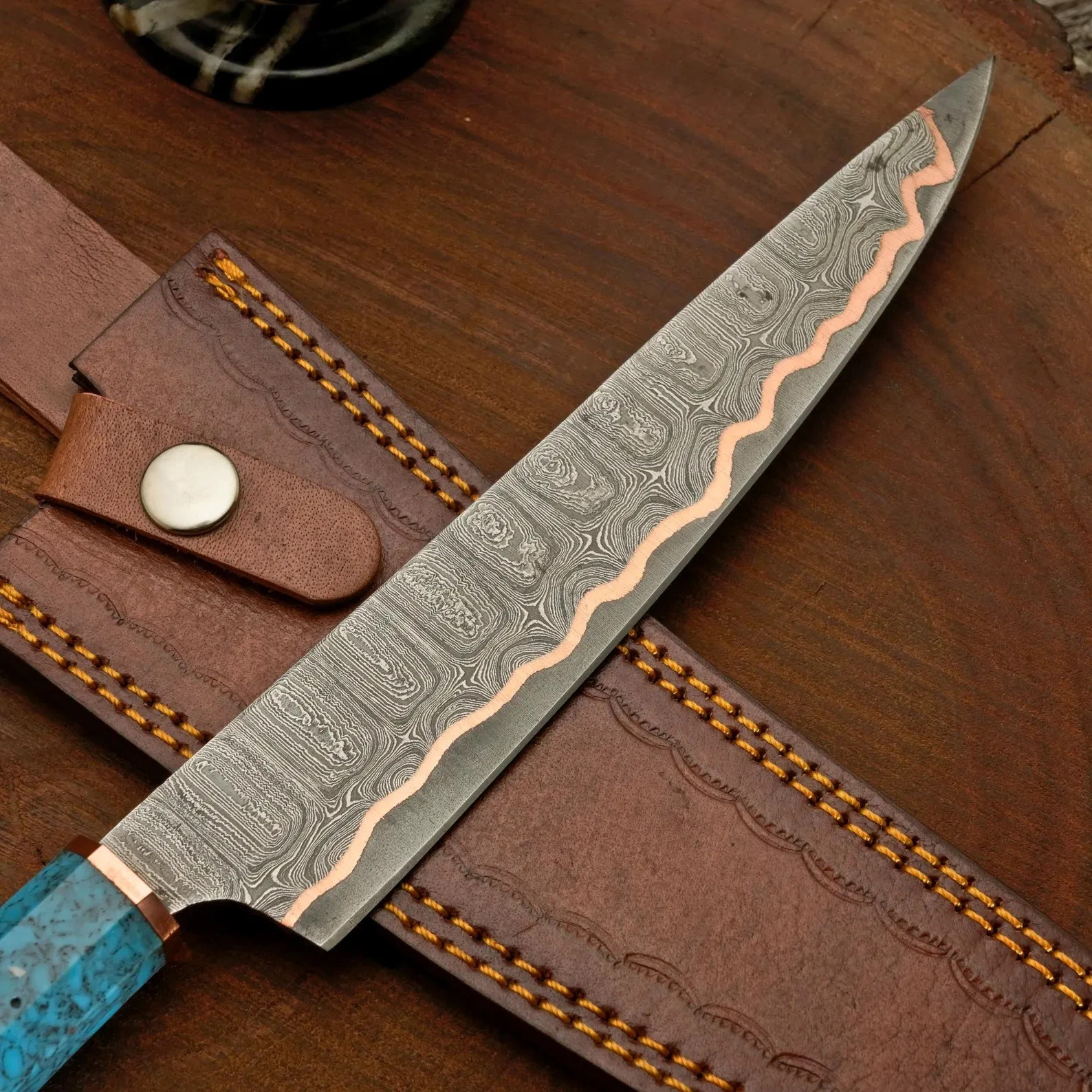 Custom Handmade Damascus Steel Copper San mai Chef knife & Leather Sheath