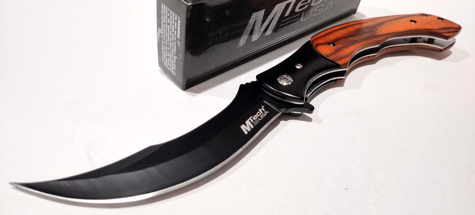 MTECH A/O Large Curved Blade Brown Wood Tactical Linerlock Folding Pocket Knife