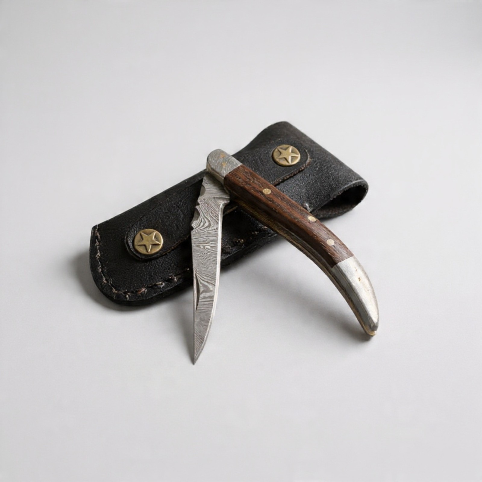 Damascus Steel EDC Folding Knife Wood Handle Toothpick Pocket Knife with Sheath