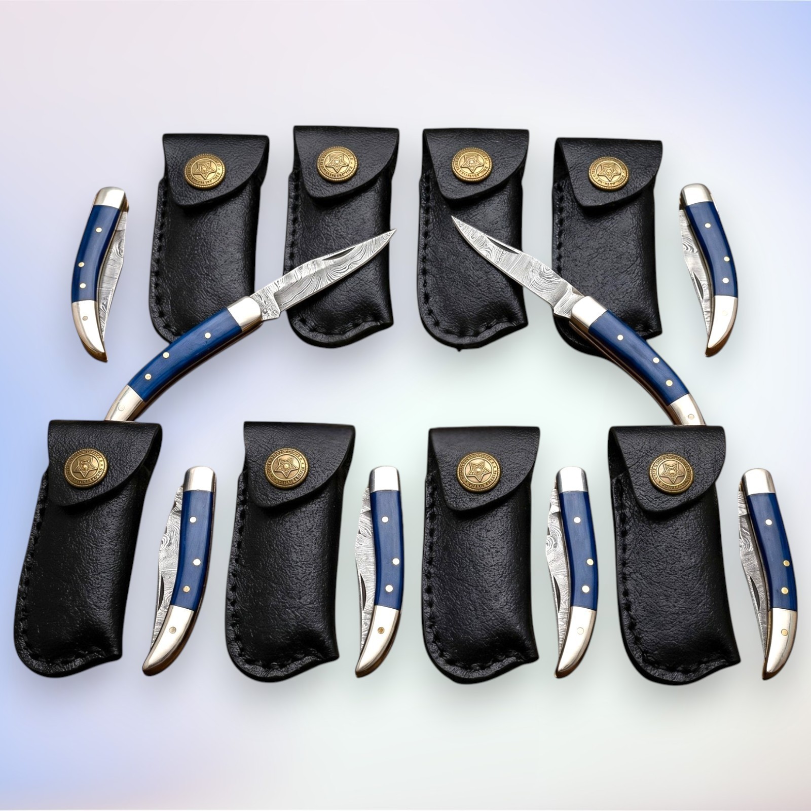 Damascus Pocket Knife Lot of 8 Blue Bone Handle Folding Knives w/Leather Sheath