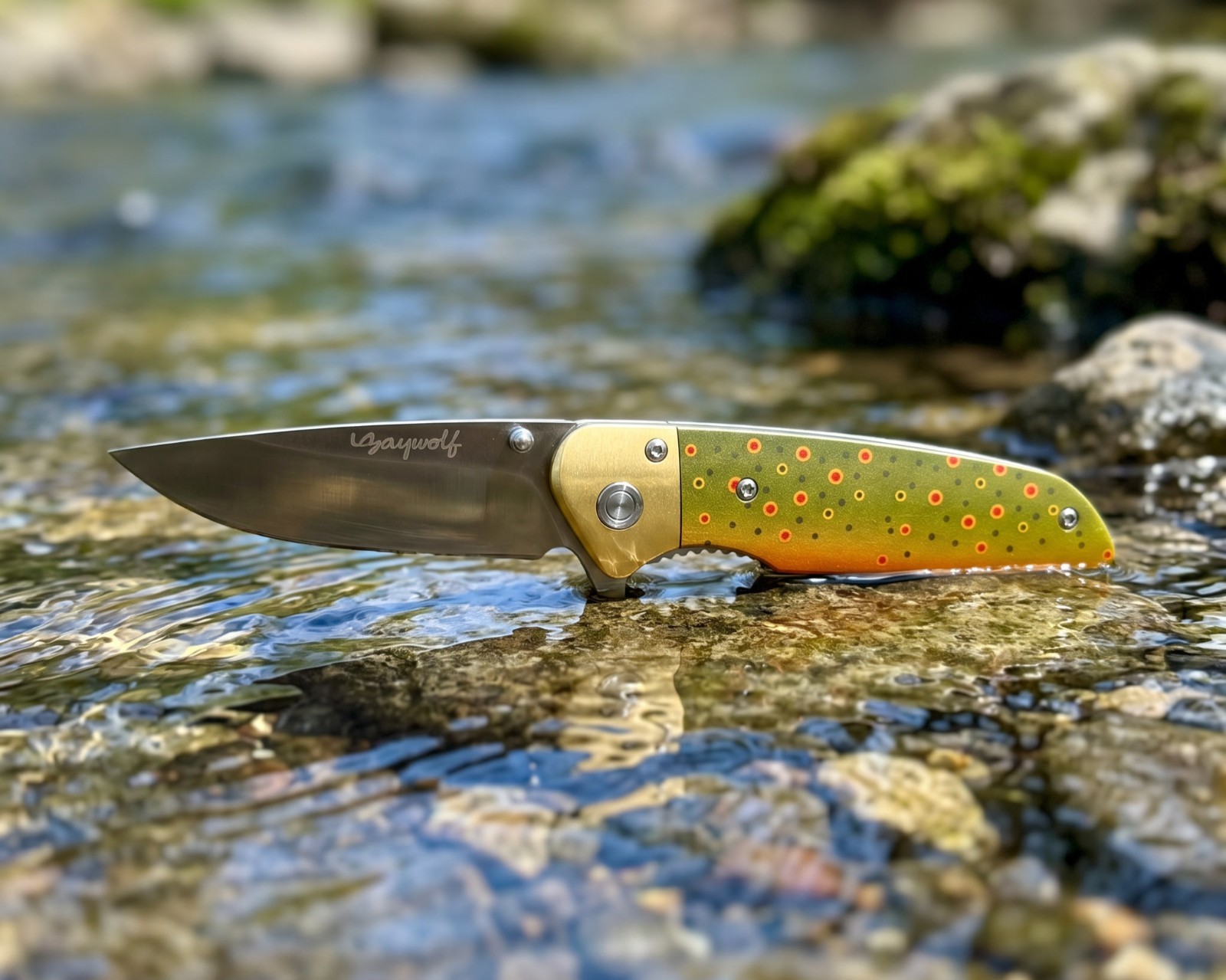 Graywolf RiverBorn Brown Trout Knife • D2 Steel • Brass Bolster • Custom Artwork