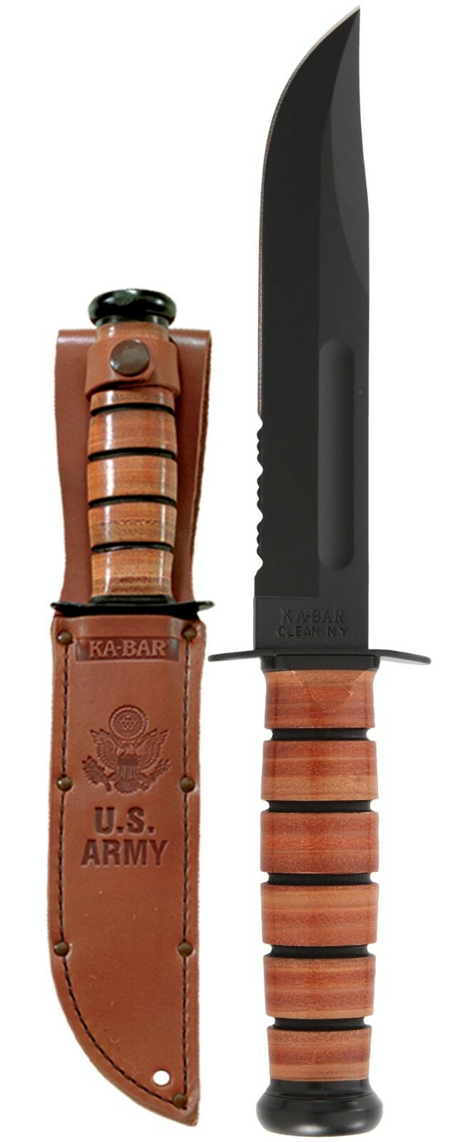 KA-BAR US Army 7″ Fixed Blade Knife, Serrated Leather Handle, Brown Sheath #1219