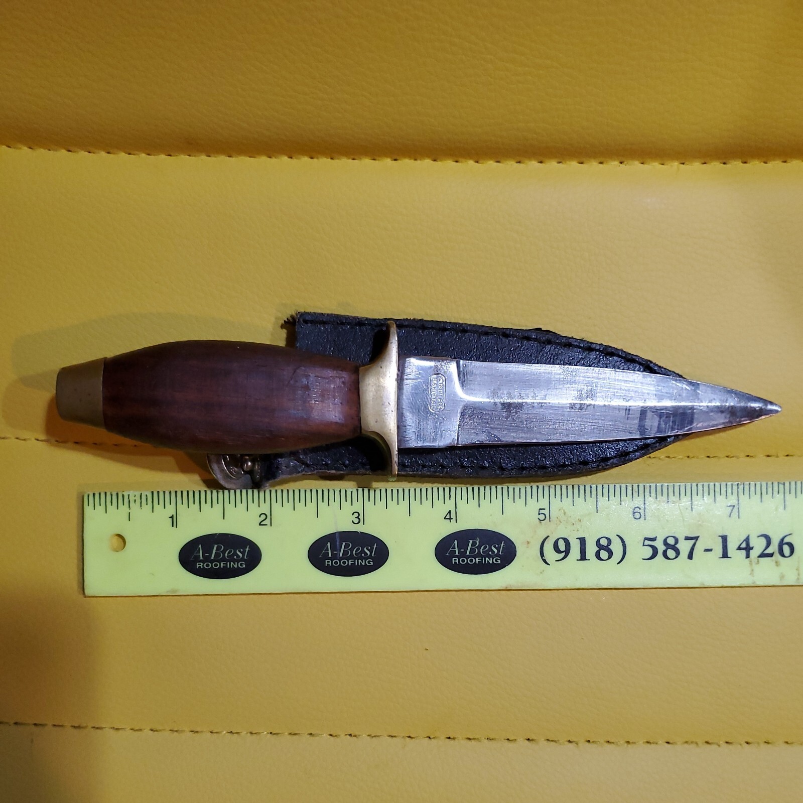 Vintage 4″ Knife Dagger Wooden Handle Brass Pommel and Hilt with Leather Sheath