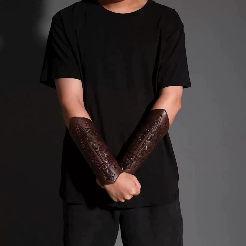 Men’s Medieval Viking Leather Bracers Embossed Sword Arm Guard Gauntlet Pair