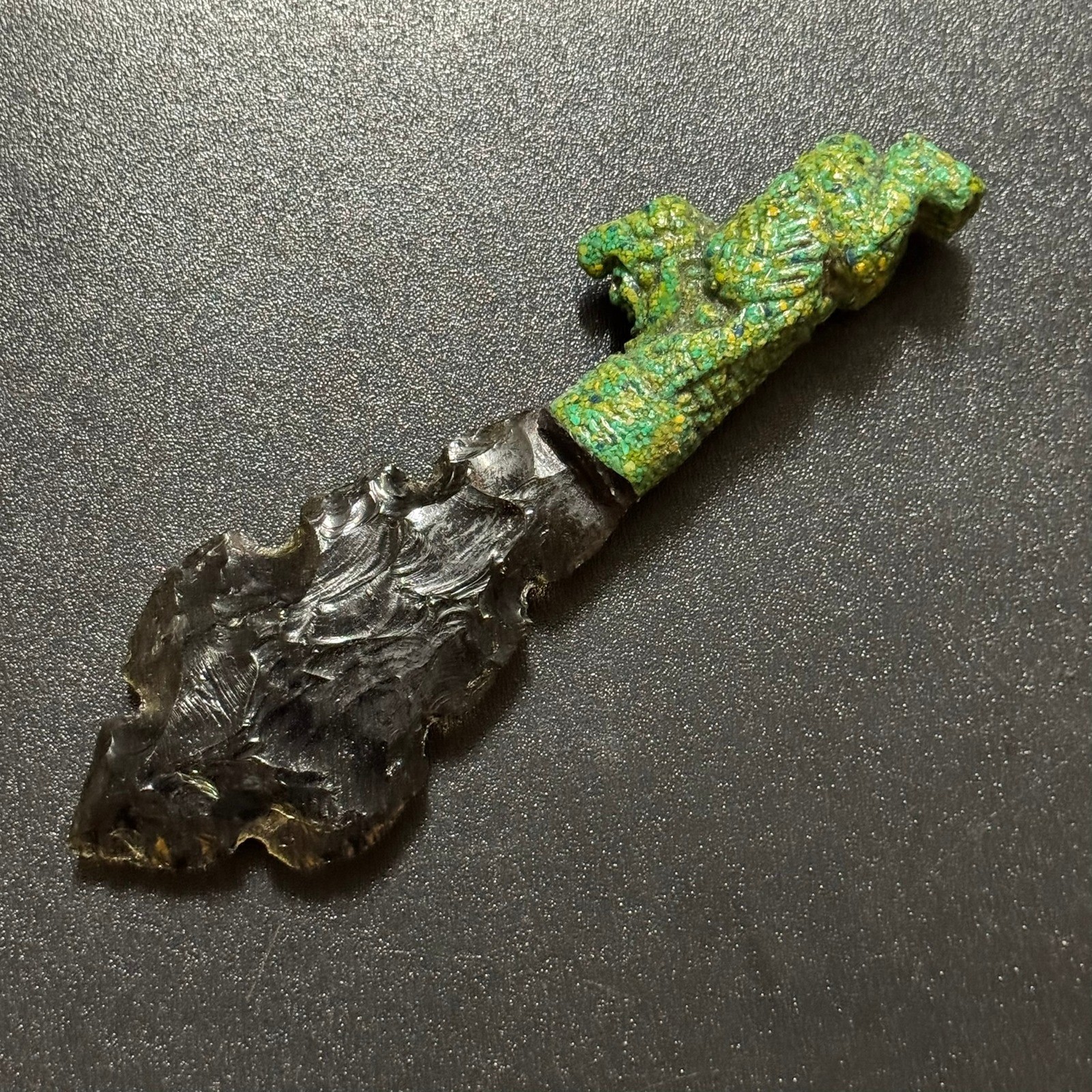 Obsidian Arrowhead Knife Textured Green Handle Decorative Tribal Style Dagger