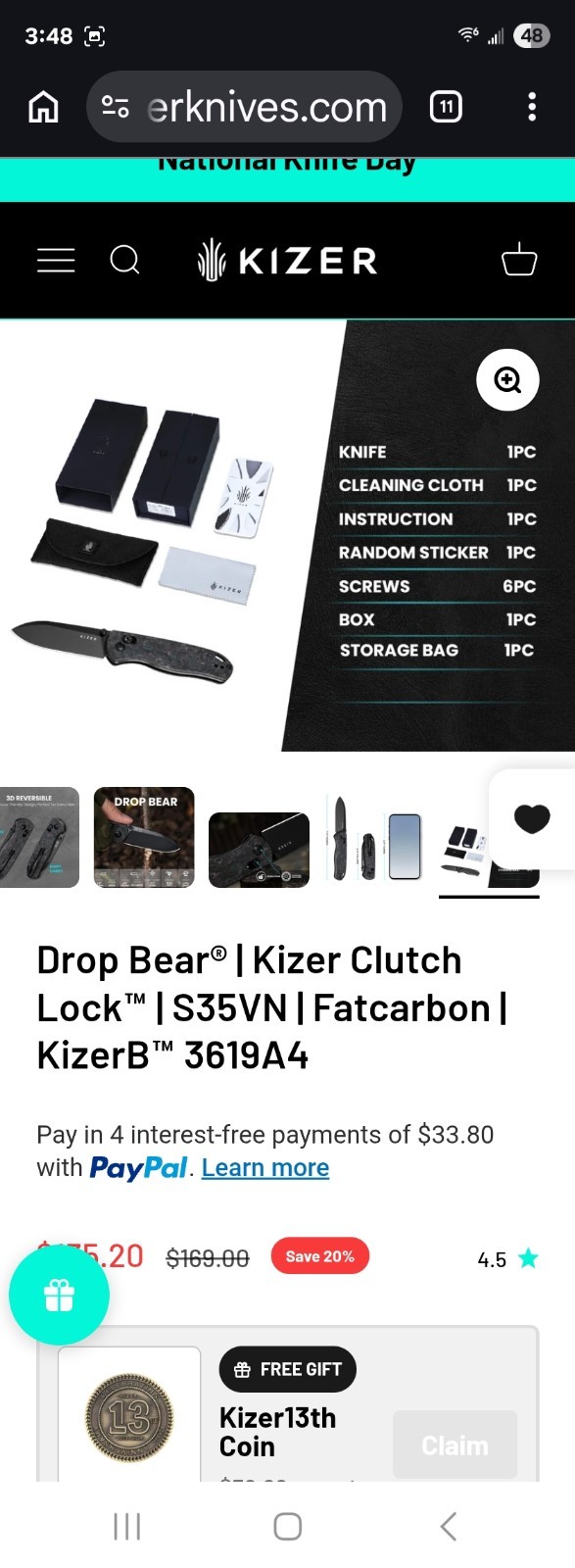 Kizer Drop Bear Pocketknife S35VN Drop Point Plain Clutch Lock Fatcarbon