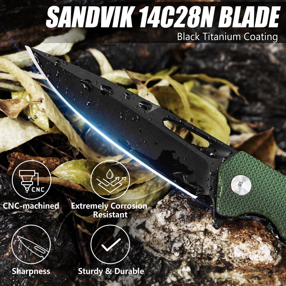 FLISSA Folding Pocket Knife SANDVIK 14C28N Blade Knife with Micarta-Steel Handle