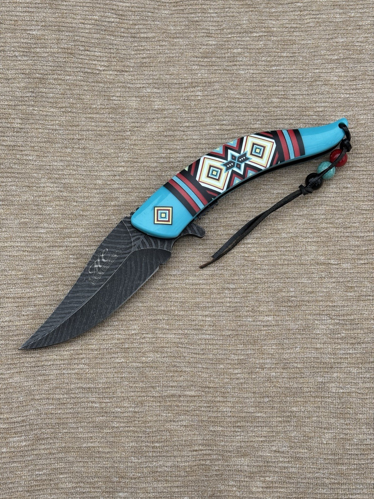 Western Style Pocket Knife Spring Assist Feather Navajo Blue Lanyard Beads