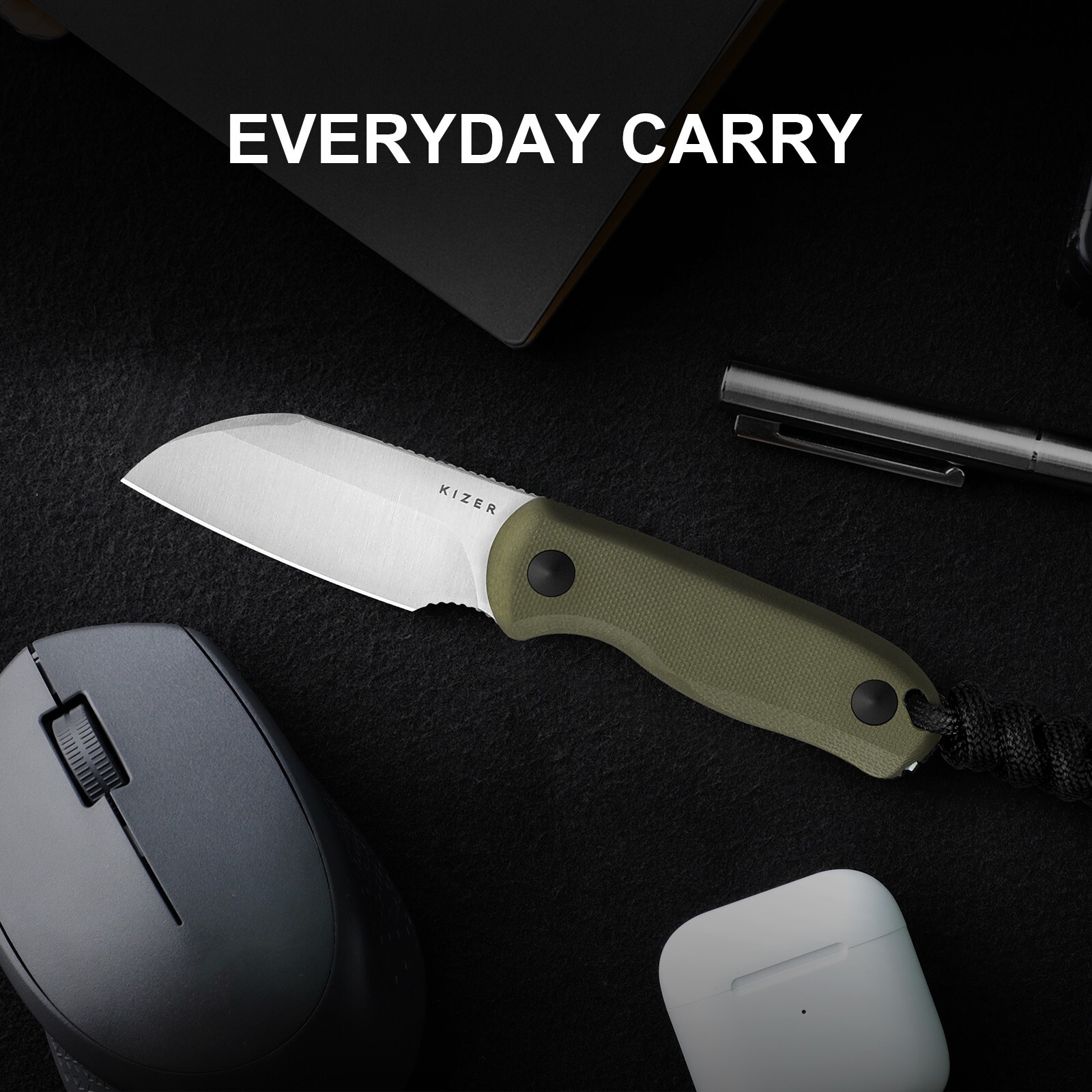 Kizer Drop Bear Clip Point Fixed Knife AEB-L Blade Green G10 Handle+Sheath