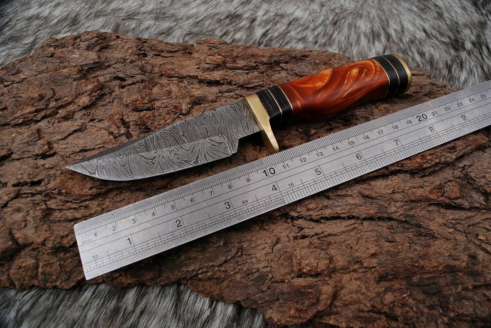 CUSTOM HAND FORGED DAMASCUS Steel Hunting Knife W/Resin & Brass Guard Handle