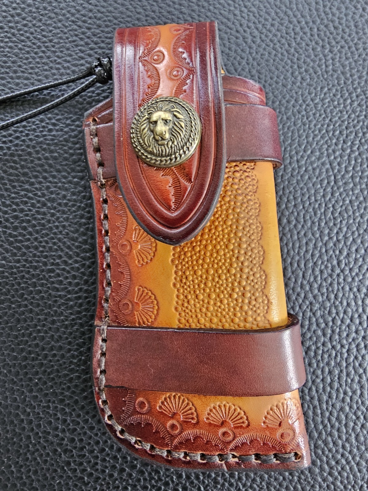 Damascus Steel Pattern Folding Pocket Knife Wood Resin Handle Leather Sheath NEW