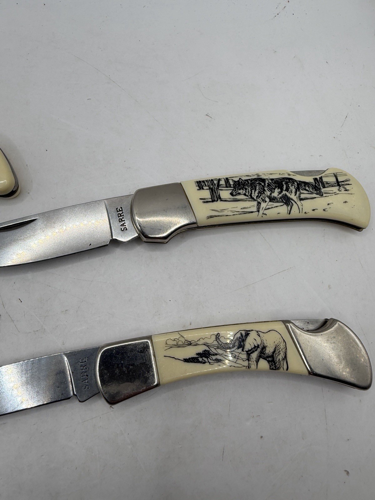 Sabre SCRIMSHAW Folding Knife «Outdoor Collection» Stainless China Lot of 4