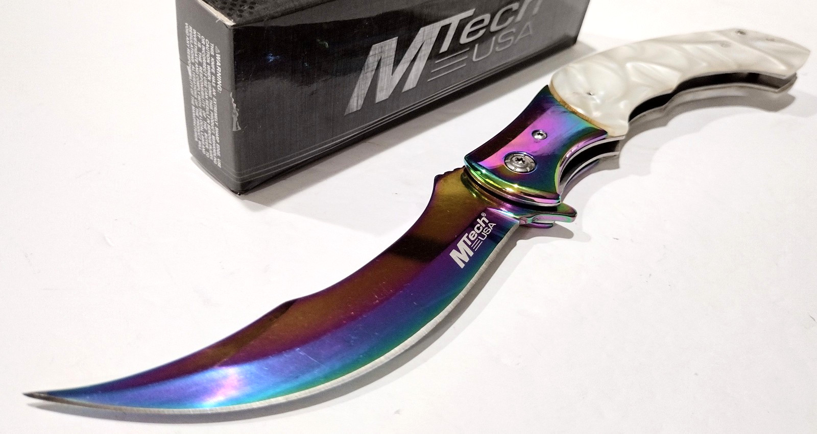 MTECH A/O Large Curved Blade MOP Pearl Tactical Linerlock Folding Pocket Knife