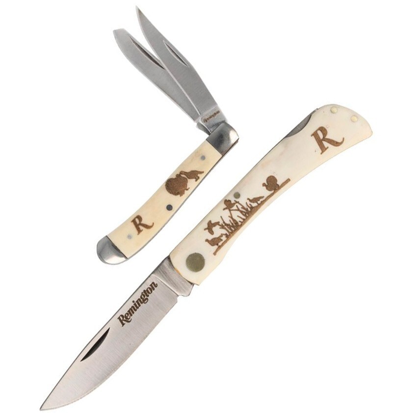 Remington Turkey Tin Collector Gift Set Pocket Knife Stainless Steel Blades Bone