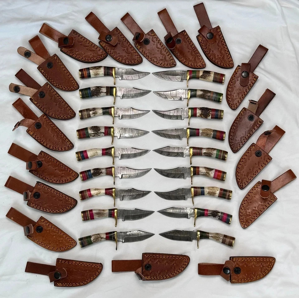 Lot of 20 Custom Handmade Damascus Steel Knives with STAG HORN Handle W Sheath