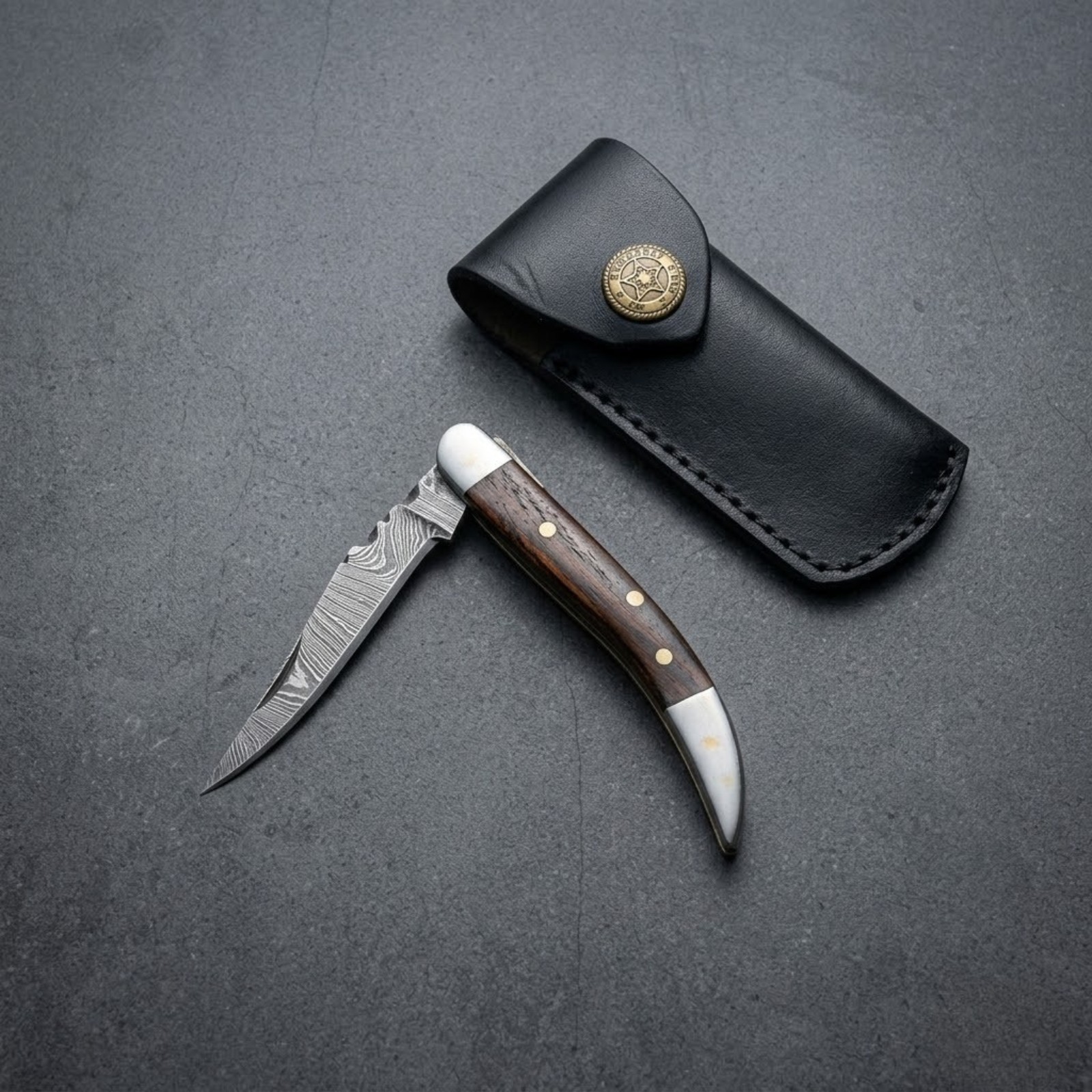 Damascus Steel EDC Folding Knife Wood Handle Toothpick Pocket Knife with Sheath