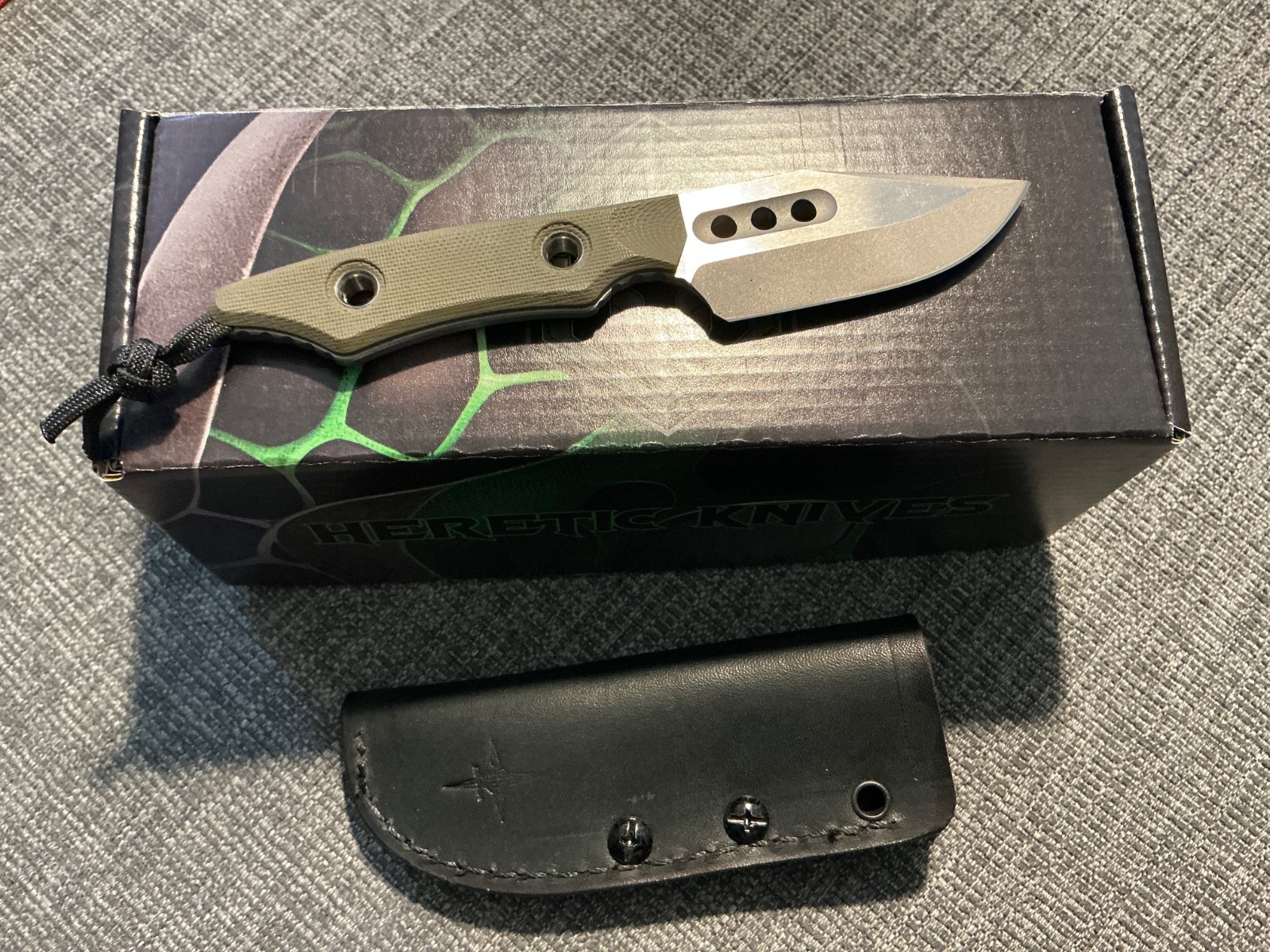 Heretic Knives Kobold Bowie BATTLEWORN Fixed Blade Knife OD GREEN G-10 (2.625)