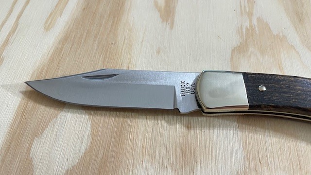 Buck 110USA Ebony WOOD Handle Folding Hunting Knife Lockback W/Leather Sheath-‘