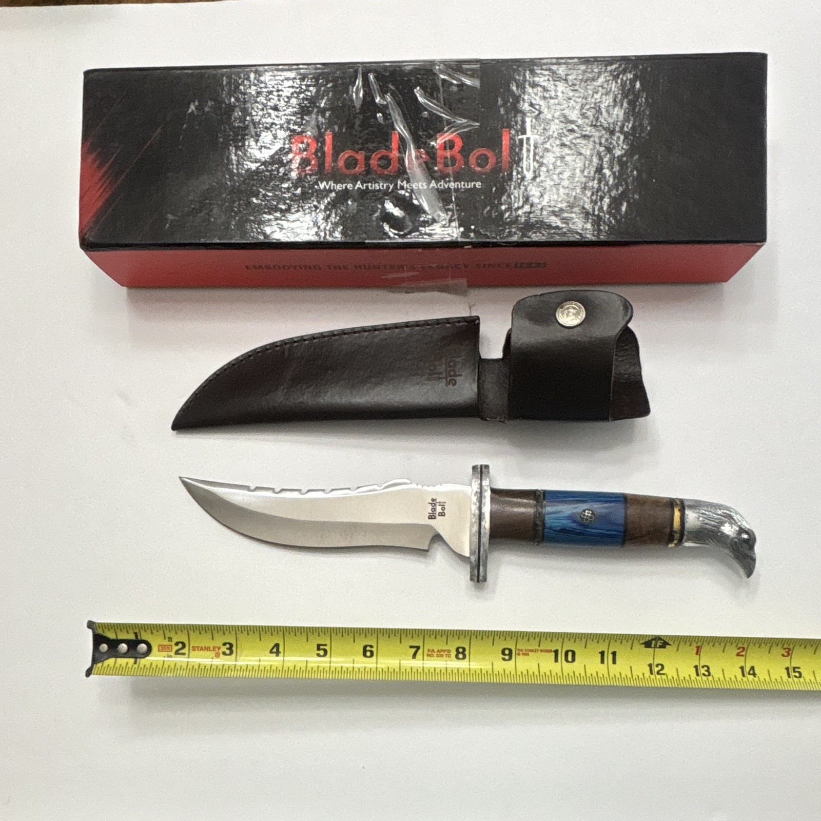 Blade Bolt Hunting Fixed Blade Knife Over 5in SS Clip Point Wood Full Tang