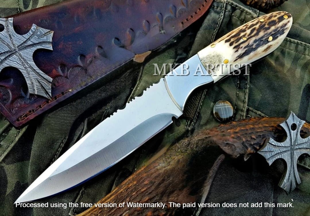 CUSTOM HAND FORGED HIGH CARBON STEEL HUNTING SURVIVAL KNIFE STAG HANDLE W/SHEATH