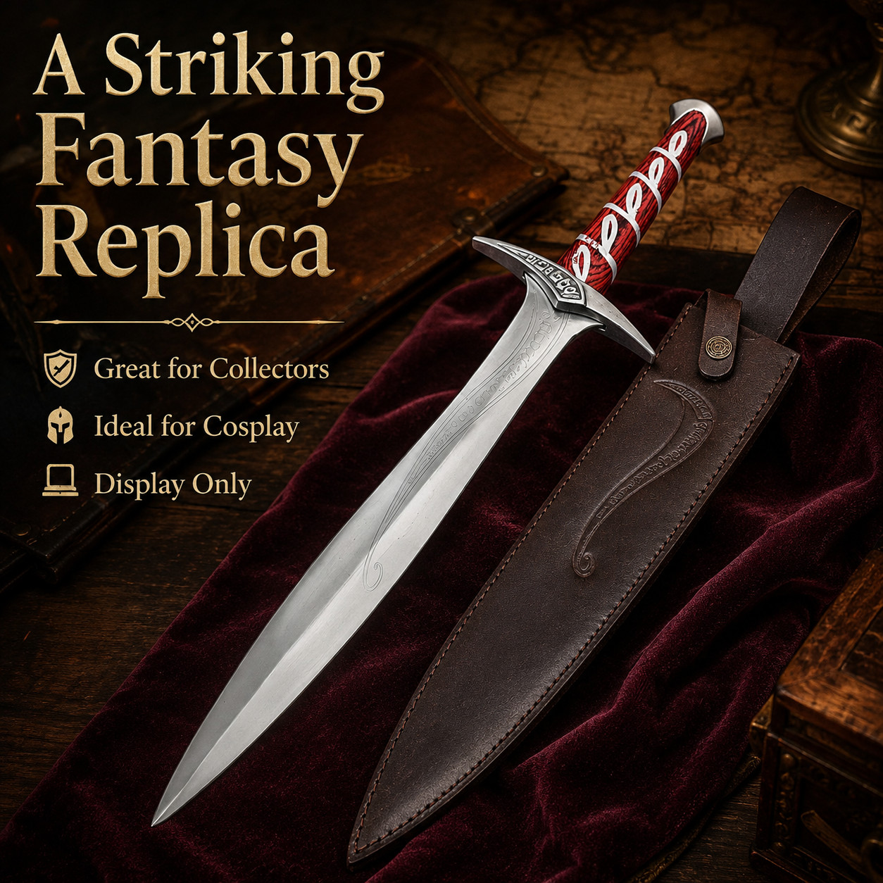 22in Fantasy Elven Decorative Dagger Stainless Steel Blade Leather Sheath