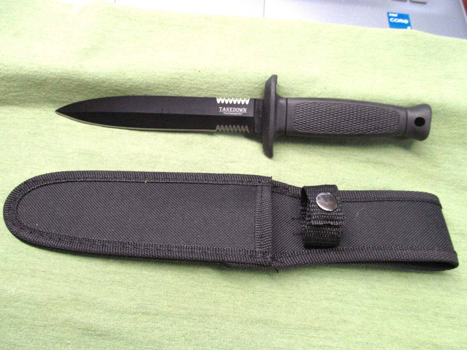 Takedown Branded 10″ Long Spear Point Fixed Blade Knife w/Rubber Handle & Sheath