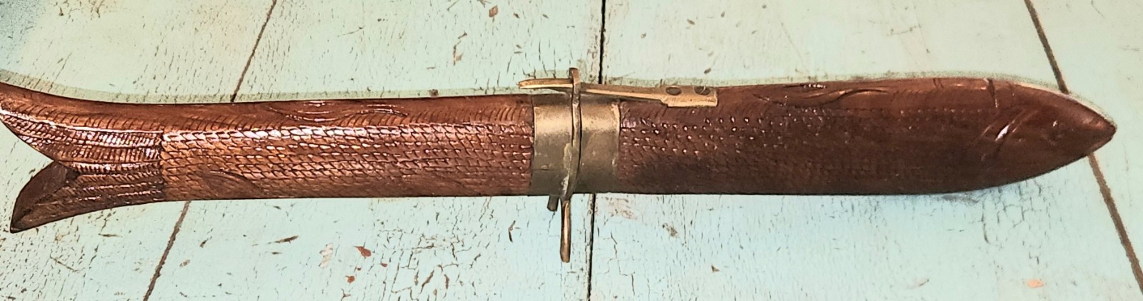 Carved Fish Knife Wood and Brass Vintage India
