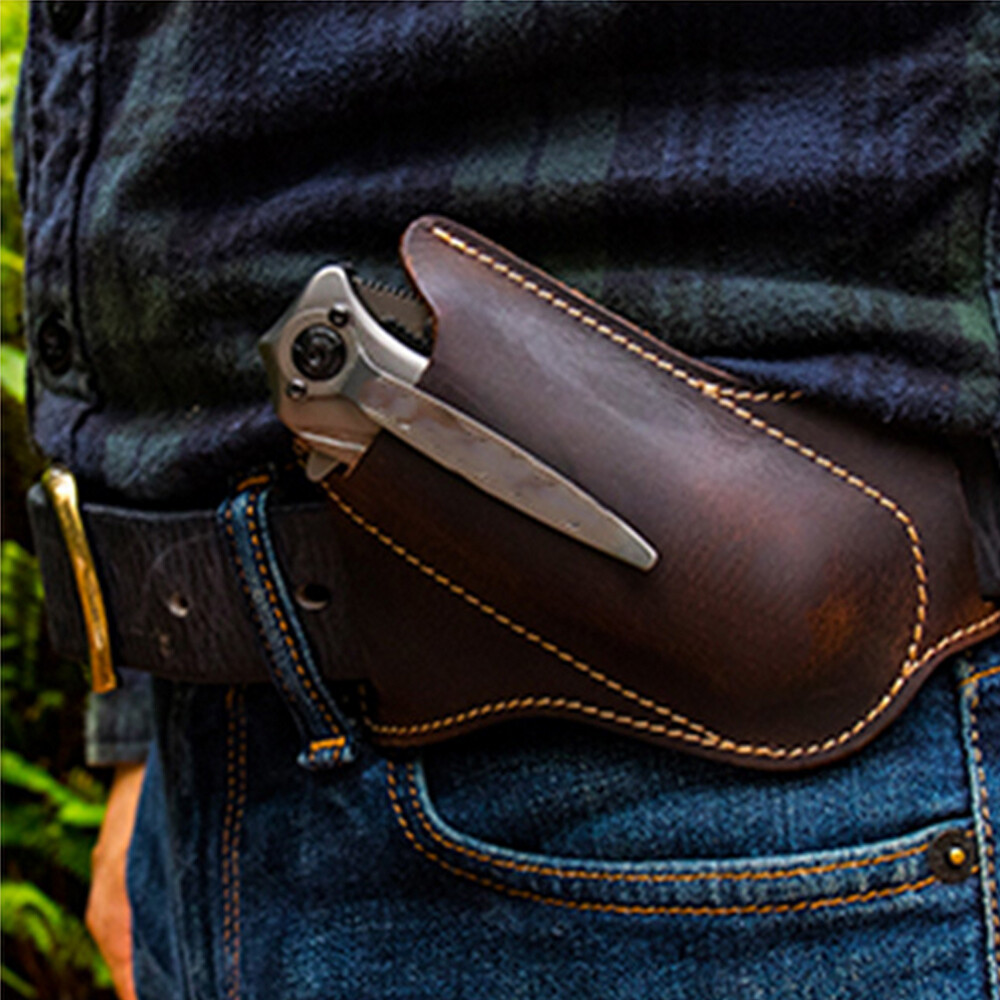 HANDMADE BELT SHEATH HOLSTER Leather Cover for folding pocket Knife Brown 1PC