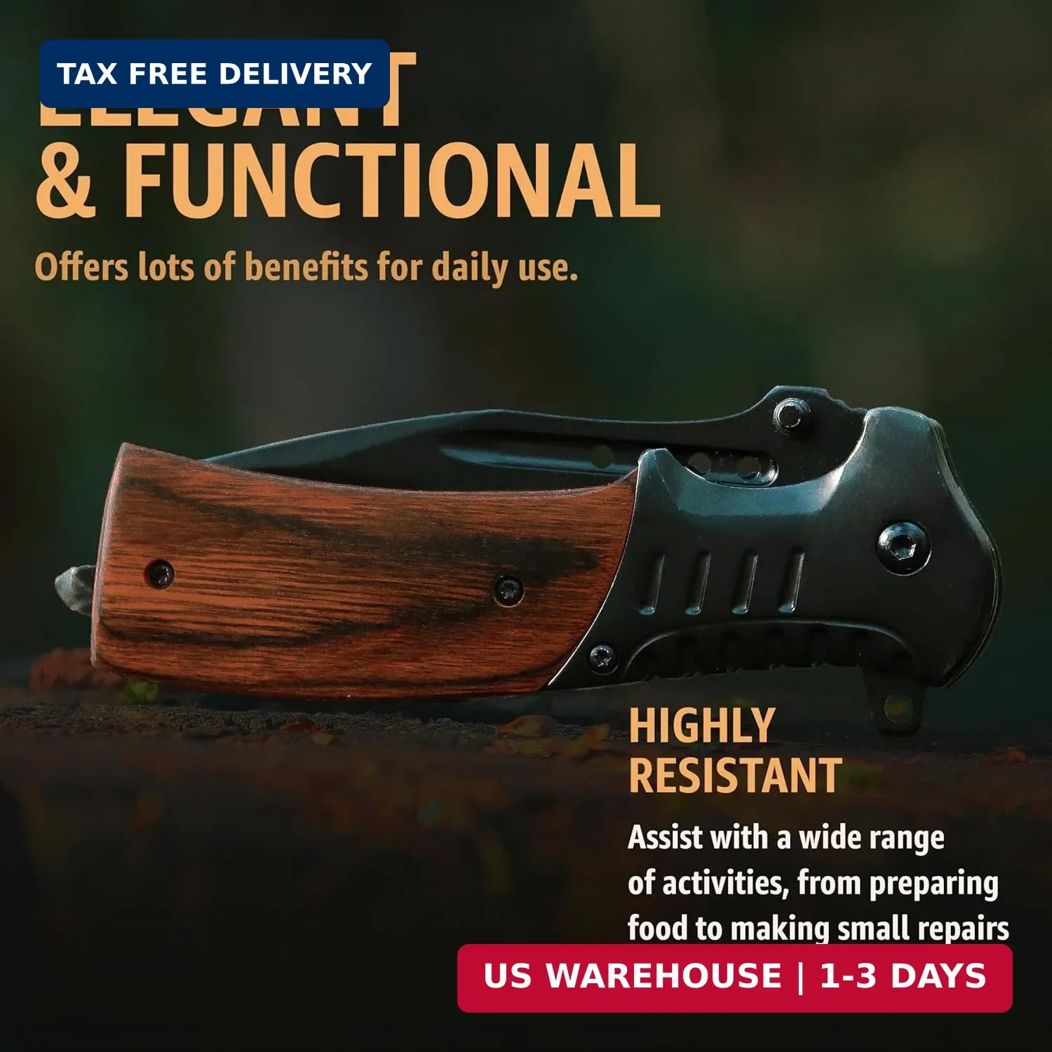 Pocket Knife for Men with Wood Handle & Glass Breaker & Pocket Clip – 3.66″ Shar