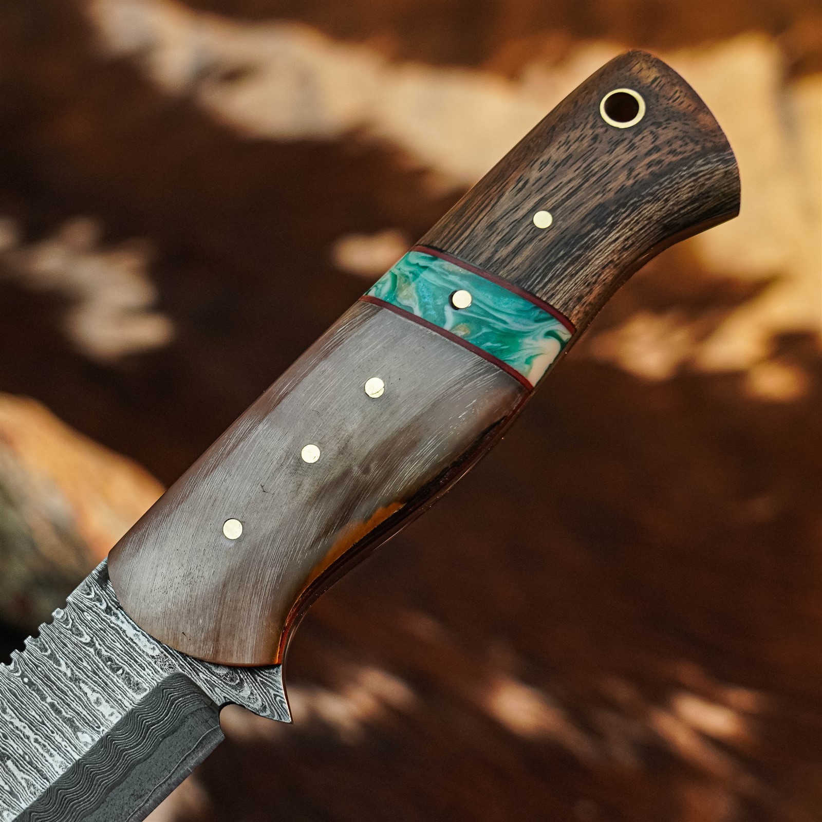9.4″ Damascus Camping EDC Knife Full Tang Horn Handle Fix Blade + Sheath