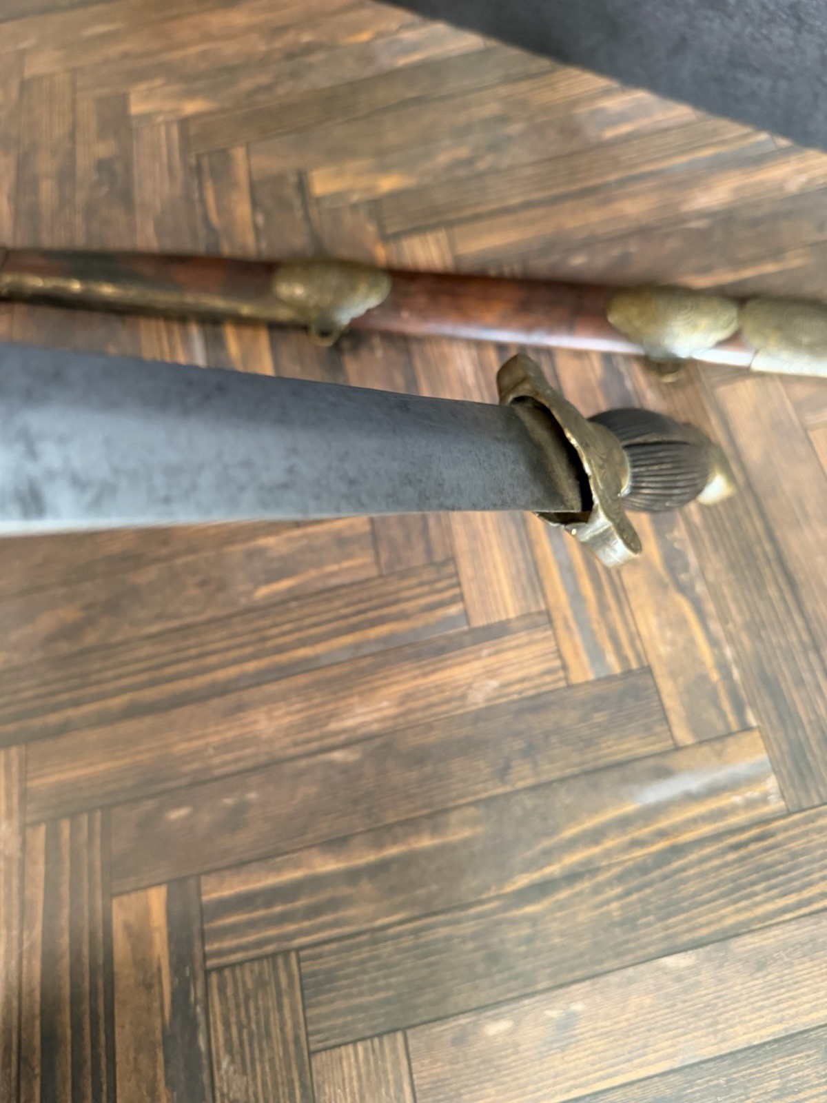 Antique Chinese Qing Era Jian Short Sword Fushou Brass Mounts 23.5in