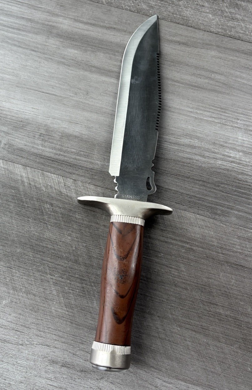 Vtg Survival Hunting Knife Stainless Steel Serrated Fixed Blade Compass Wood