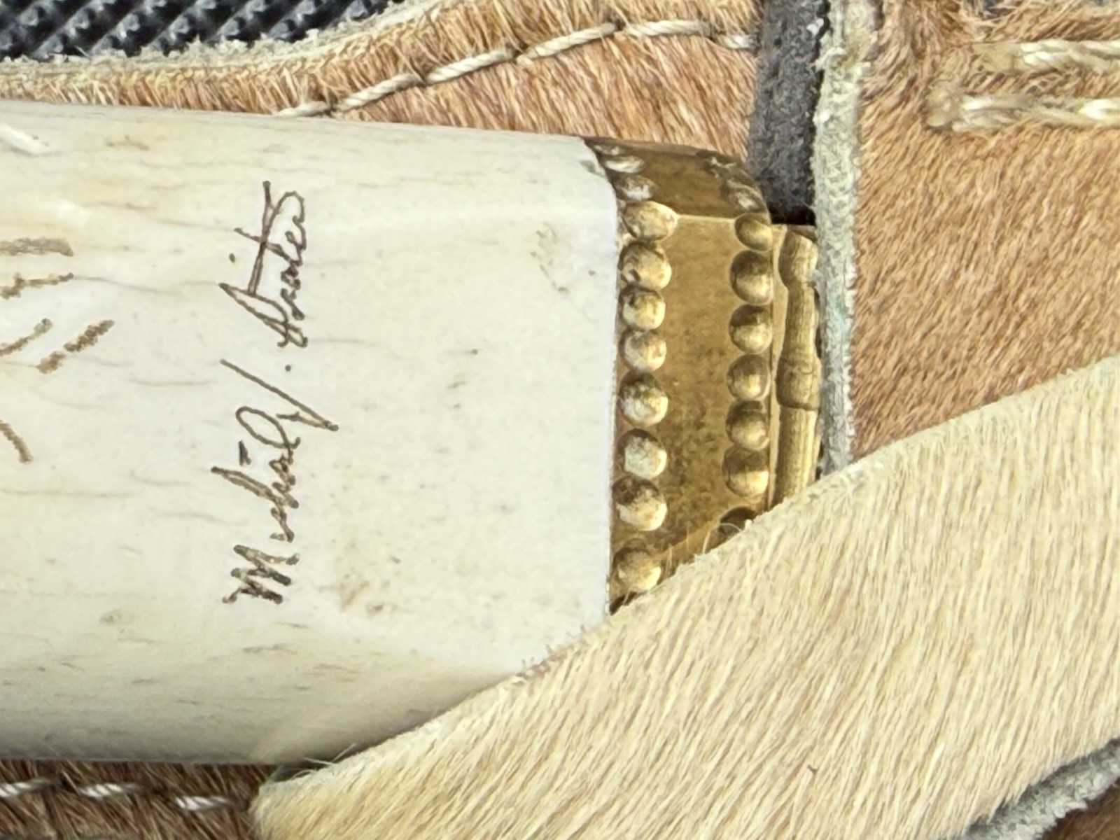 Michael J. Protes Signed series Hunting Knife Bone Handle Brass blade engraved