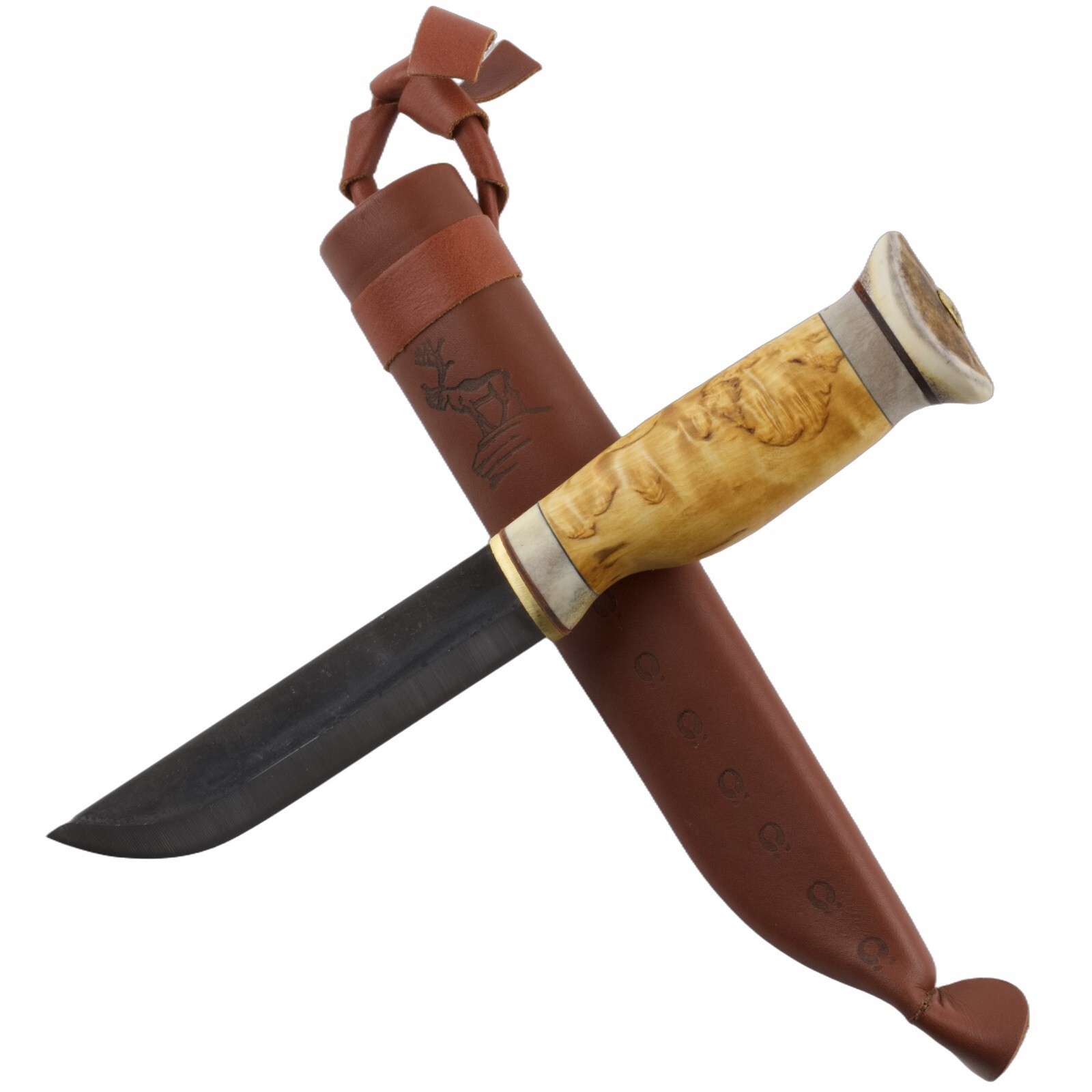 Wood Jewel Reindeer Herder’s Curly Birch Knife Finland Carbon Steel Blade Sheath