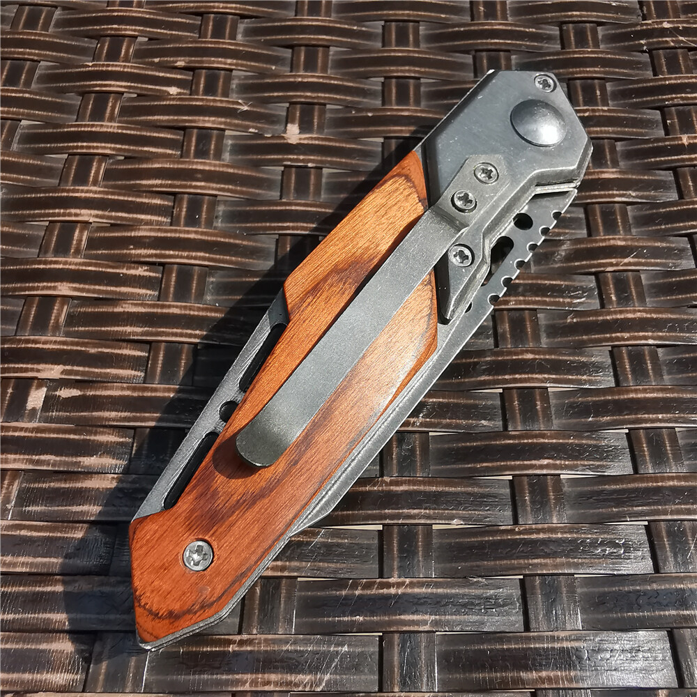 Assisted Folding Knives Wood Steel Handle 8cr15 Blade Hunting Tactical Knife Edc